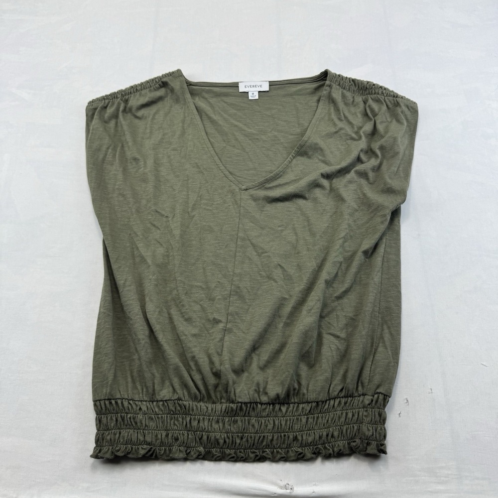 Evereve M Womens Olive Green V Neck Smocked Waist Puff Sleeve Top